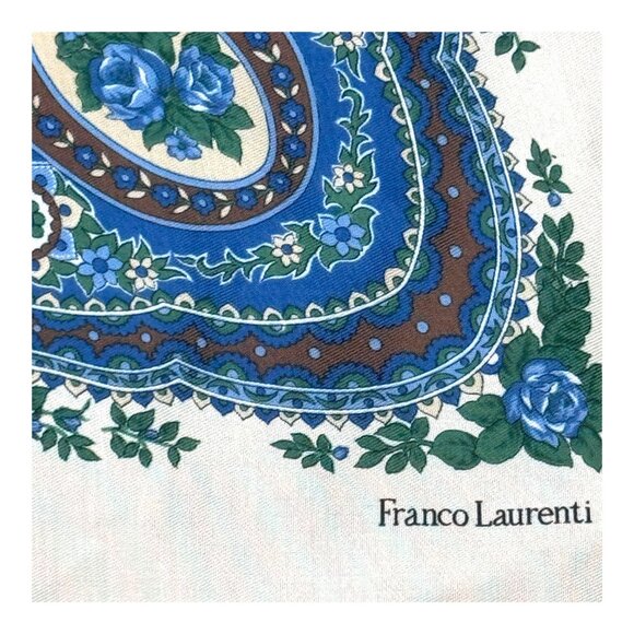Vintage Franco Laurenti Blue & White Paisley Peacock Floral Scarf 47" X 44" Boho - Picture 3 of 6